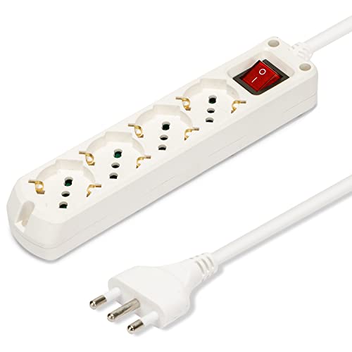 Velamp Multipresa - 4 Prese Polivalenti (Schuko + 10/16A) - Spina Grande 16A - Interruttore Luminoso – Colore Bianco