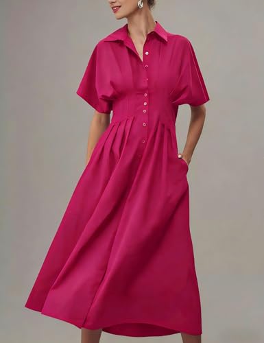 Image of Yeokou Shirt Dress for Women Summer Casual Short Sleeve Button Down Loose Pleated Maxi Sundress with Pockets