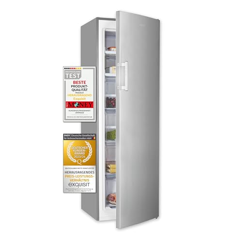 Exquisit® Congelador vertical capacidad de 204 L, congelador con tecnología No Frost, 6 compartimentos, congelación rápida, diseño moderno y compacto, Altura 170 cm. Color inoxlook