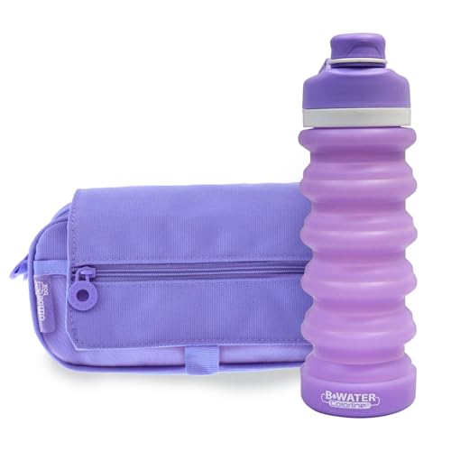 office box - Pack Vuelta al Cole: Estuche Triple “el Original” + Botella de Silicona Plegable BWater – Lavable y Resistente para durar Todo el Curso por un Precio único. (Lila + BWater)