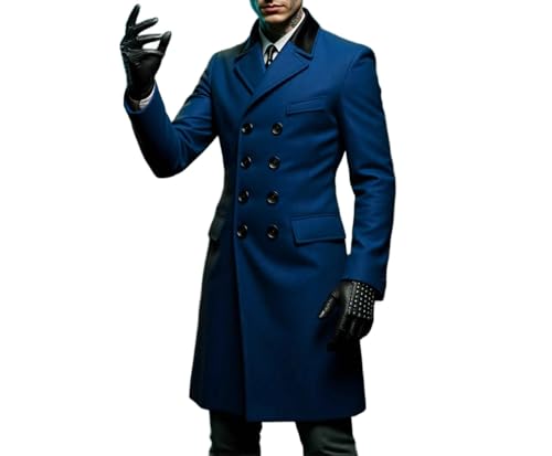 Image of Mens Wool Long Overcoat Notched Lapel Double Breasted Slim Wool Peacoat with Pockets