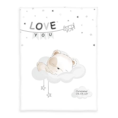 Herding babybest Babydecke, Kuscheldecke Sleeping Little Bear, Personalisiert mit Name und Datum (Bestickt), 75 x 100 cm, 100% Polyester