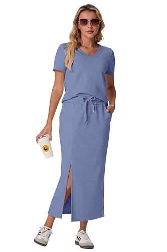 Image of GRECERELLE Women Summer Casual 2 Piece Sets V-Neck Wrinkle-Free Top & Elastic Waist Midi Side Slit Skirt with Pockets