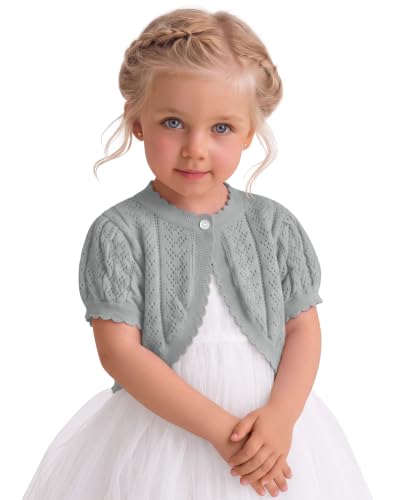 Image of Toddler Girls Cardigan Sweater | Short Sleeve Cardigan, School Wear Sweater, 18M-5T, Knit Baby Bolero Shrug, Cropped Puff Summer Tops, Button Open Front Shirt
