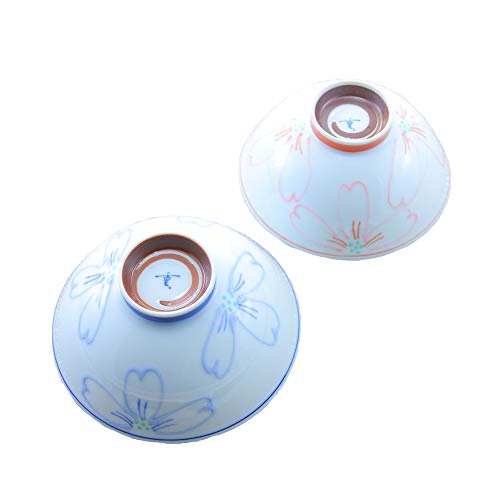 夫婦茶碗 有田焼 波佐見焼 宴茶碗(大青・小ピンク) ペア 2個入り 軽い 軽量 小さめ 花柄 桜 ギフト|和食器 陶器 三階菱