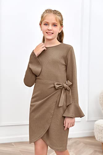 Girl's Midi Dresses Solid Waffle Knit Dress Flared Long Sleeve Belted Dress for Kids3
