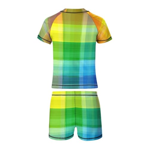 Rainbow Color Paint PlaidChildren's Swimsuits Boys Two Piece Suit10-12Y（150cm）3
