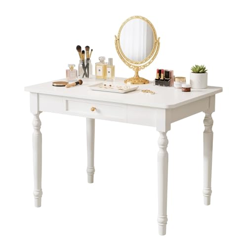 BaoBaJiu Schreibtisch Massivholz Landhausstil 80x60 cm Weiß, extra tiefer Schminktisch und Computertisch mit vormontierten Schubladen geruchsneutral