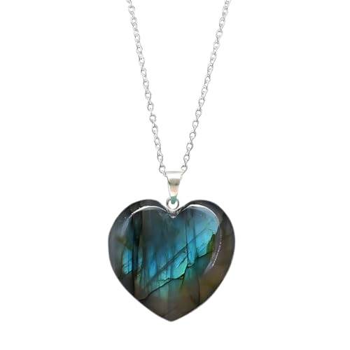 Gempires Labradorite Heart Stone Pendant Necklace, Labradorite Pendant 30mm, Heart Crystal Necklace, Labradorite Jewelry for Women, Silver Plated 20 inches Adjustable Chain