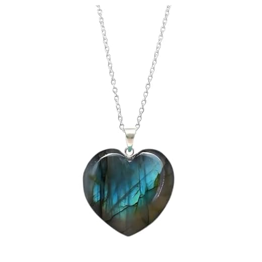 Gempires Labradorite Heart Stone Pendant Necklace, Labradorite Pendant 30mm, Heart Crystal Necklace, Labradorite Jewelry for Women, Silver Plated 20 inches Adjustable Chain
