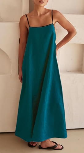 Image of Womens Summer Linen Maxi Dress Contrast Trim Spaghetti Straps Backless Sleeveless Long Flowy Dresses