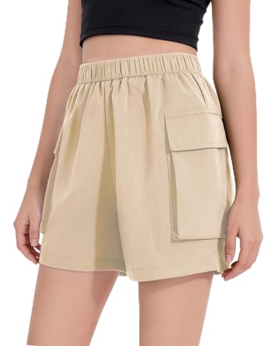 Hvididan Girls Summer Cargo Shorts Casual Elastic High Waist Kids Hiking Shorts with Flap Pockets for Teens Size 11-12Y Khaki