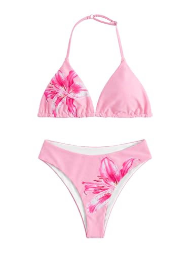Image of RoseSeek Girl's 2 Piece Swimsuits Floral Gingham Halter Triangle Wireless Bikini Bathing Suit