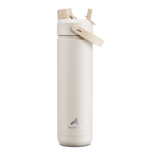 POWCAN 26 oz Insulated Water Bottle with 2-in-1 Straw and Spout Lid, Keep Cold 24H, Leak-Proof, Fits in Car Cup Holder, Stainless Steel Water Bottle for Sports, Gym, Travel, and School (Mousse)