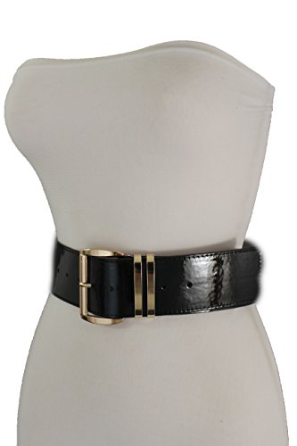 TFJ Women Fashion Wide Belt Faux Leather Metal Buckle Plus Size L XL (Black - patent faux leather)4
