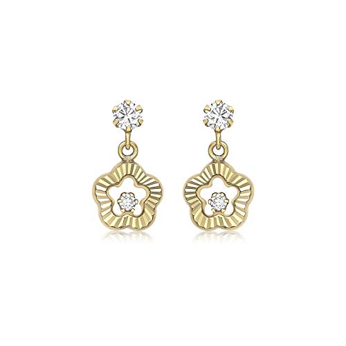 Boucles d'oreilles pendantes femme or jaune 9 carats fleur diamantée