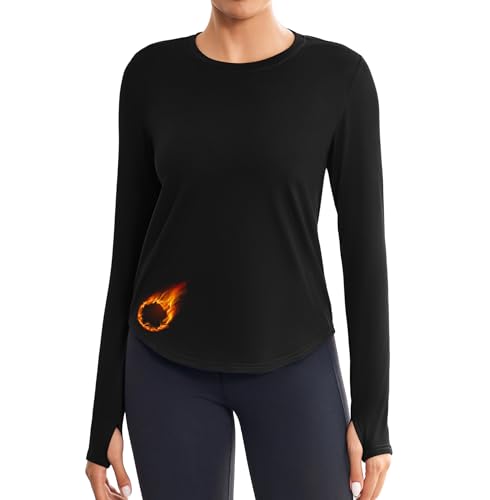 PINSPARK Thermo Shirt Damen Langarm Sportshirt Winter Yoga Thermoshirt Leicht Gym Sport Funktionsshirt Outdoor Thermo Oberteil Frühling Laufshirt Thermounterwäsche Schwarz S