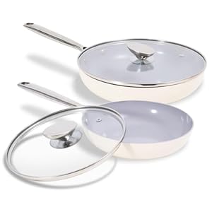 JEETEE Ceramic Frying Pan Skillet Set with Lid, 8″, 10″ Nonstick Egg Omelette Pan Cookware Set W/Stainless Steel Handle, PFAS-Free, Oven Safe, Compatible W/All Stovetops, Beige