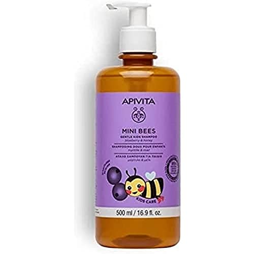 Apivita Mini Bees Champú suave para niños 500ml. Champú natural con miel y arándanos para un cabello suave y brillante. Sin sulfatos, sin siliconas.