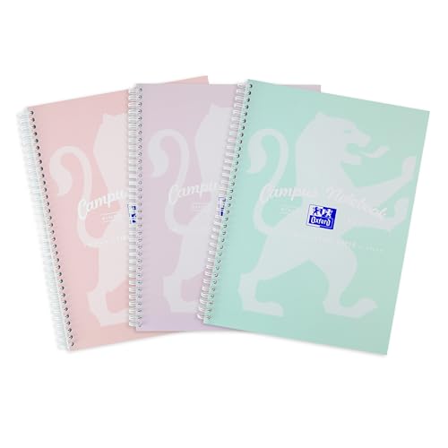 Oxford Campus A4 Notebook, Wirebound, 8 mm Lined with Margin, 140 Page, Pack of 3 Notepads, Pastel Colours, Optik Paper+