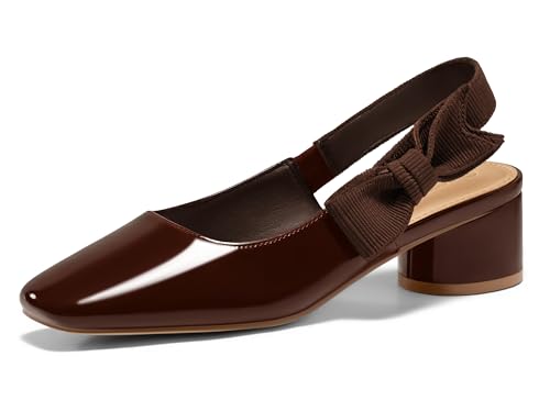 Coutgo Women's Low Block Heels Slingback Bow Closed Square Toe Slip On Work Pumps Dress Shoes