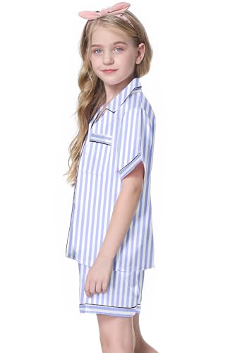 Image of Schbbbta Girls Womens Pajamas, Satin Silky Pjs Set Kids 2Pcs Button-Down Nightwear Sleepwear Gift for Mommy and me