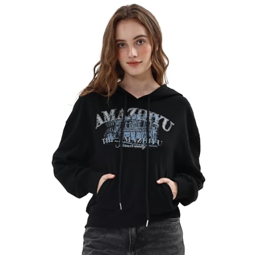 Image of Amazhiyu Womens Hoodies Crewneck Long Sleeve Pullover with Pocket, Oversized Printed Sweatshirts Loose Fit for Fall&Spring Black M