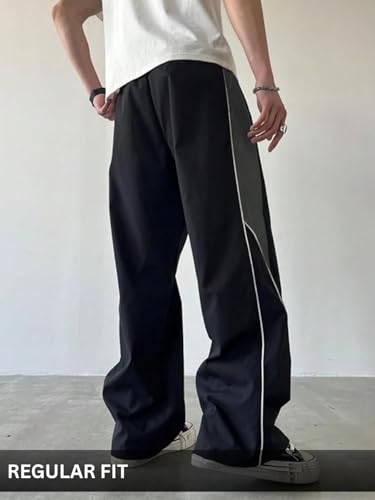 Image of GRECIILOOKS Track Pants for Men Baggy Wide Leg Korean Streetwear Trousers | Relaxed Fit Baggy Pants for Men with Drawstring Waist | Casual Oversized Lower for Travel, College & Everyday Wear