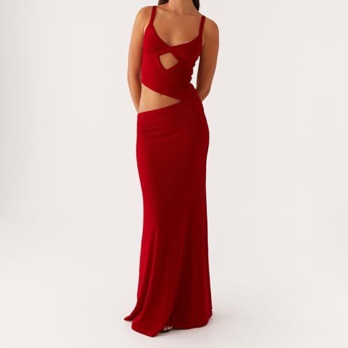 Image of Women Cut Out Maxi Dress Sleeveless Spaghetti Strap V Neck Backless Summer Bodycon Long Dress Party Dress