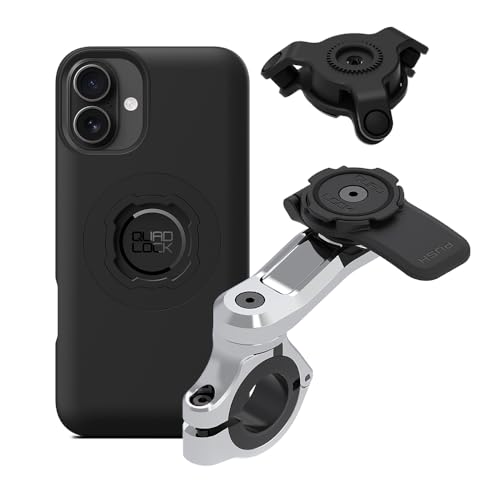 Image of Quad Lock Motorcycle Handlebar Phone Mount PRO Chrome with Vibration Dampener and MAG Phone Case for iPhone 16 Plus