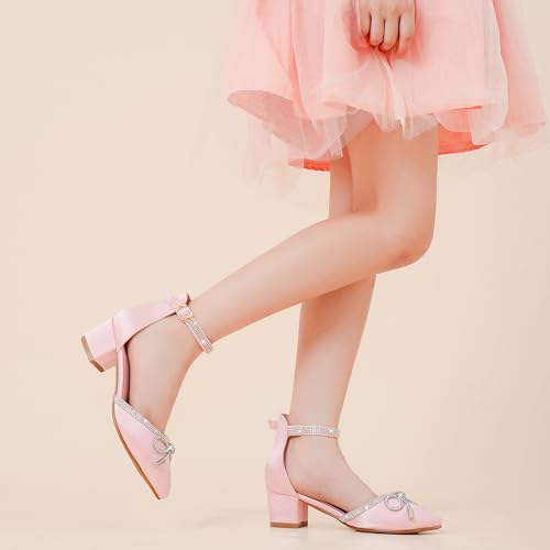 Image of LAURMOSA Girls Sandals Closed Toe High Heels Pointed Toe Ankle Strap Pumps Flower Girl Dressy Shoes in Wedding Party Cute Bowknot Chunky Block Heeled for Little Big Kids