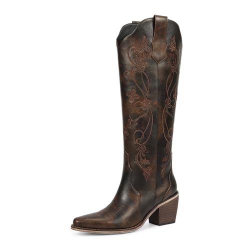 Image of wetkiss Women's Pointed Toe Cowboy Boots | Knee High Cowgirl Boots, Retro Embroidery, Chunky Heel, Pull-On, Style for a Classic Western Look,Stable and Comfortable