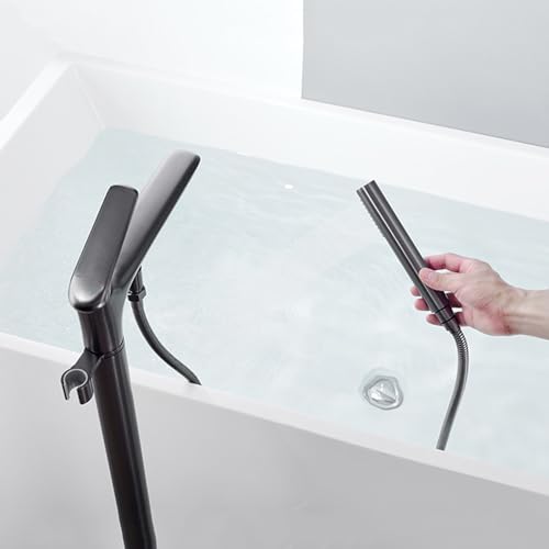 Robinet de sol pour baignoire autoportante solution monotrou noire avec flexible douche - 5