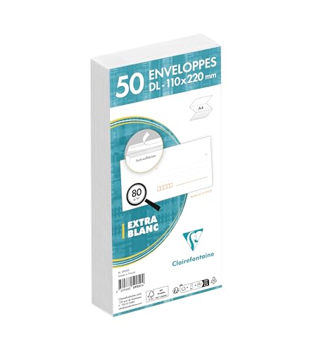 Clairefontaine 5925C - Paquet de 50 Enveloppes Blanches DL-110x220 mm - Précasées - Auto-Adhésives - 80g/m²