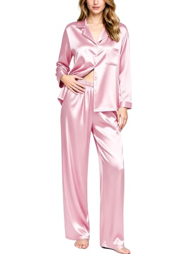 Image of SWOMOG Long Sleeve Pajamas Set Silk Satin Sleepwear Button Down Pjs Loungewear with Pocket