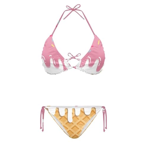 Suhoaziia Ice Cream Women's Thong Bikini Sets Two Piece Set Adjustable String Straps Swimwear Triangle Top Tie Side Halter Bathing Suit Set