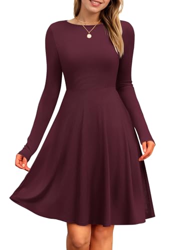 PLOKNRD Damen Strickkleid Herbst Langarm Kleider Elegant A-Linie Rundhalsausschnitt Freizeitkleid Winterkleid (Burgunderrot,M)