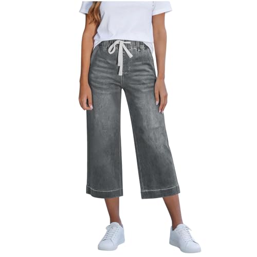 Image of Denim Jeans for Women UK Baggy Wide Leg Cropped Trousers Drawstring Elastic High Waisted Pull On Jeans Trendy Stretchy Denim Capris Summer 3/4 Length Tummy Control Joggers with 4 Pockets