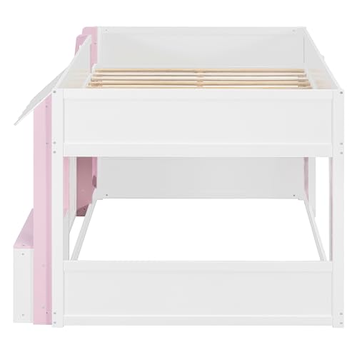 Image of Full House Loft Bed with Playhouse & Storage, Modern Wood Cabin Bed for Kids /Teens (White+Pink)
