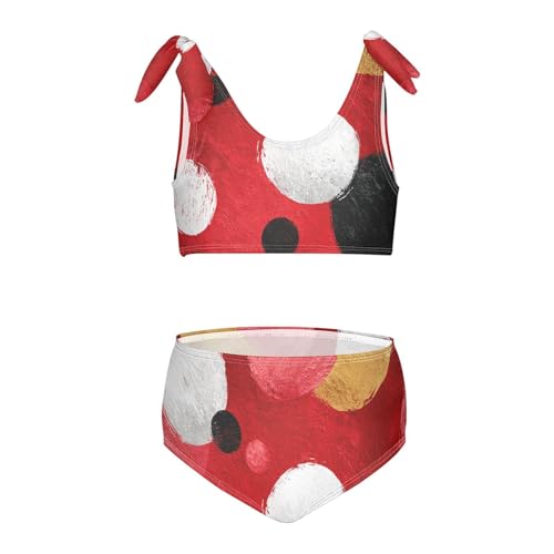 KLL Polka White Dots on Red Background Girls 2 Piece Bikini Sets Scoop Neck Swimsuit Swimming Suits Adjustable Shoulder