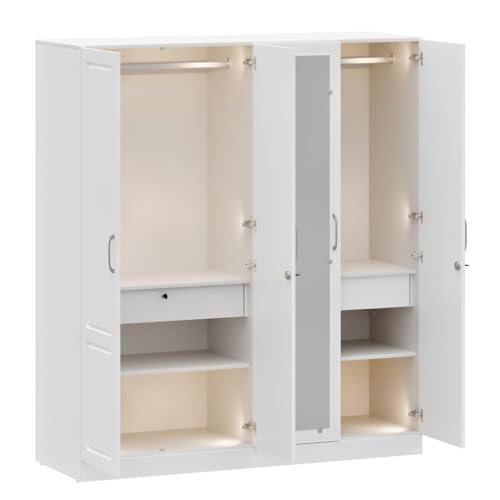 Image of Wakefit Tyrian Plus 4 Door with 4 Shelves 2 Drawers 2 Hanging Areas 1 Mirror SH1-Carcass: Frosty White Shutter: White