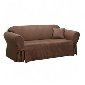 SureFit Home Decor Soft Suede Box Cushion Sofa One Piece Slipcover Relaxed Fit Polyester Machine Washable Chocolate Color