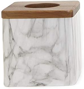 Harman Wyseria Bathroom Collection Marble Look Polyresin with Acacia Wood Tissue Box Holder 6 x 6 x 6