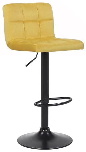 CLP Tabouret De Bar Feni en Velours I Assise Rembourrée I Piètement Trompette Métal Noir I Repose-Pieds I Pivotant A 360°I Hauteur Réglable, Couleur:Jaune