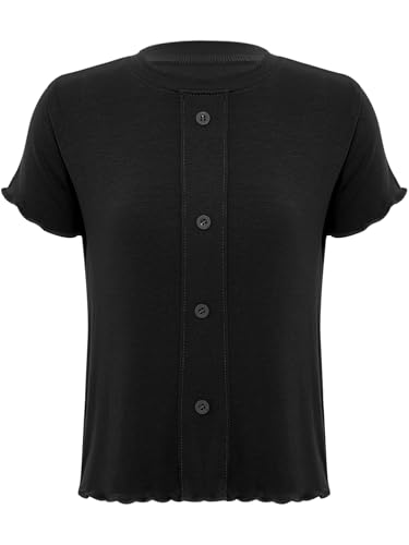 Girls Crew Neck Short Sleeve T-Shirt with Lettuce Hem Button Accent Solid Color Top for School Outings Daily Wear3