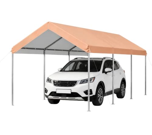 Image of Aoxun 10x15 ft Carport Heavy Duty Car Canopy for Cars, Boats, Trucks, Outdoor Carport Shelter Portable Garage with Reinforced Frame and Stakes, Khaki