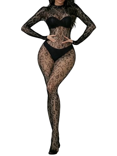 Eagerlove Body en Résille Femme Combinaison Léopard en Dentelle Body Intégral Une Pièce Lingerie en Maille pour Soirée Club Noir Taille Unique