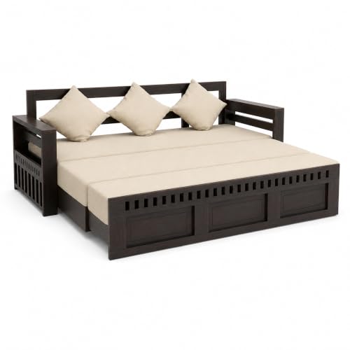 Image of SONA ART & CRAFTS Kuber Sheesham Wood Sofa Cum Bed 3 Seater with Storage and Side Pockets for Living Room Organizer Furniture Sofa Bed Home, Bedroom (Walnut Finish)