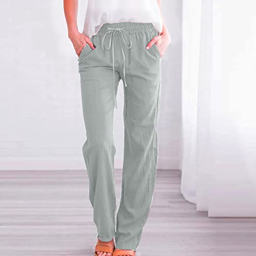 Image of Linen Pants Women High Waisted Drawstring Casual Pant Cotton Linen Straight Leg Lounge Trousers with Side Pockets