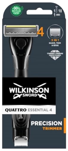 Wilkinson Sword Quattro Titanium Precision - Maquinilla de Afeitar Recargable con 4 Hojas de Titanio + 1 Cuchilla de Precisión y Recortadora Eléctrica